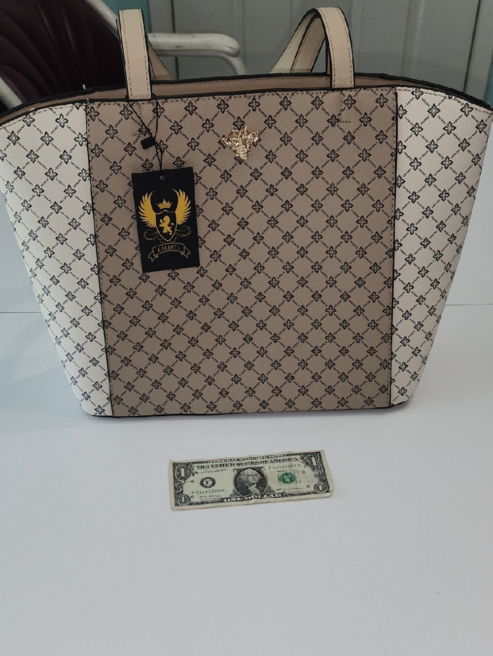 Neutral Beige Patterned Tote with Gold Emblem